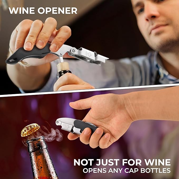 Wine Key - Heavy Duty Waiter Corkscrew, Premium 420 Stainless Steel Compact Wine Opener with Double Hinged, Foil Cutter and Bottle Opener, Gifts for Servers, Sommelier, Bartenders - Black
