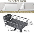 SNTD Dish Drying Rack - Small Dish Rack for Kitchen Counter, Stainless Steel Dish Drainer with Utensil Holder and Drainboard, 11" W x 15" L (Grey)