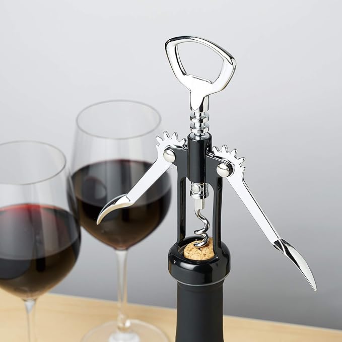 True Soar Winged Corkscrew Wine Opener, Multi-Purpose Bottle Opener for Beer and Soda, Stainless Steel with Chrome Finish, Easy to Remove Cork for Bartenders, Home Bar, Kitchen, Set of 1, Black