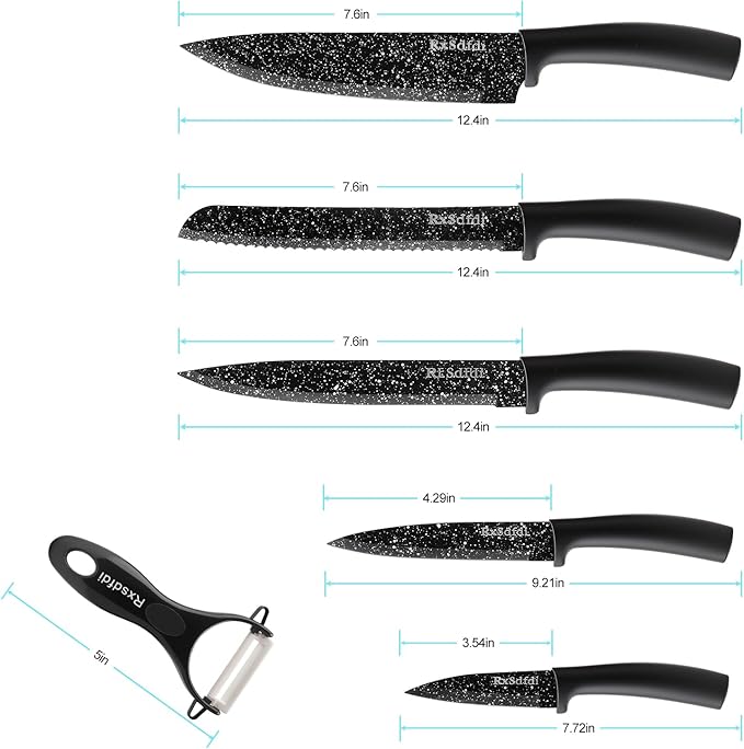 Knife Set, 6 Pieces Kitchen Knives Set with Anti-Rust Coating & Ergonomic Handles, Lightweight, Dishwasher Safe stainless steel Knife, Gift for Kitchen Enthusiasts, Family Chef(Bend)