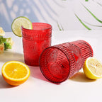 Loivttvv 12pcs Vintage Drinking Glasses Set, 12 oz Highball Glasses & 9 oz Embossed Ribbed Glassware Cups for Cocktail, Water, Juice, Coffee, Whiskey (Christmas Red)