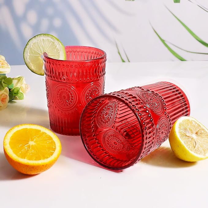 Loivttvv 12pcs Vintage Drinking Glasses Set, 12 oz Highball Glasses & 9 oz Embossed Ribbed Glassware Cups for Cocktail, Water, Juice, Coffee, Whiskey (Christmas Red)