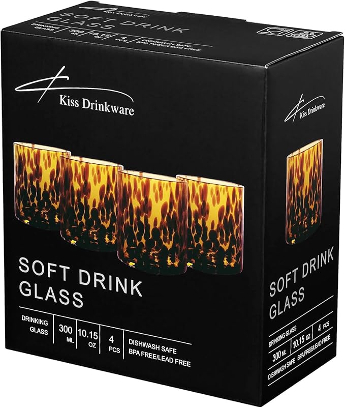 Joseph Sedgh Collection Tortoise Shell DOF Lowball Glass Set of 4 – 10.15 oz Borosilicate Whiskey & Cocktail Glasses – Stylish, Lead-Free, Dishwasher Safe – Gift Box Included