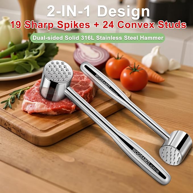 2-in-1 Real 316L Stainless Steel Meat Tenderizer Mallet Hammer,1.09lb Heavy Duty Meat Tenderizer Tool with 19 Sharp Spikes for more Flavor,Professional Meat Pounder,Dishwasher Safe & Long-Lasting