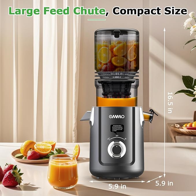 OMMO Cold Press Juicer Machines: 5.1" Wide Feed Chute Slow Masticating Juicer for Whole Fruits & Vegetables, Easy to Clean, High Juice Yield, BPA Free, Grey