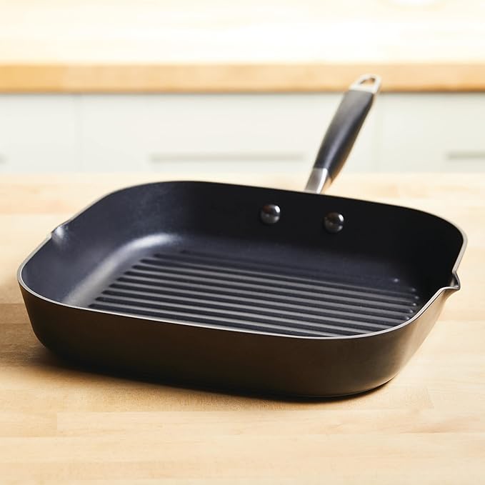 Anolon Advanced Home Hard Anodized Nonstick Deep Square Grill/Griddle Pan with Pour Spouts, 11 Inch, Onyx