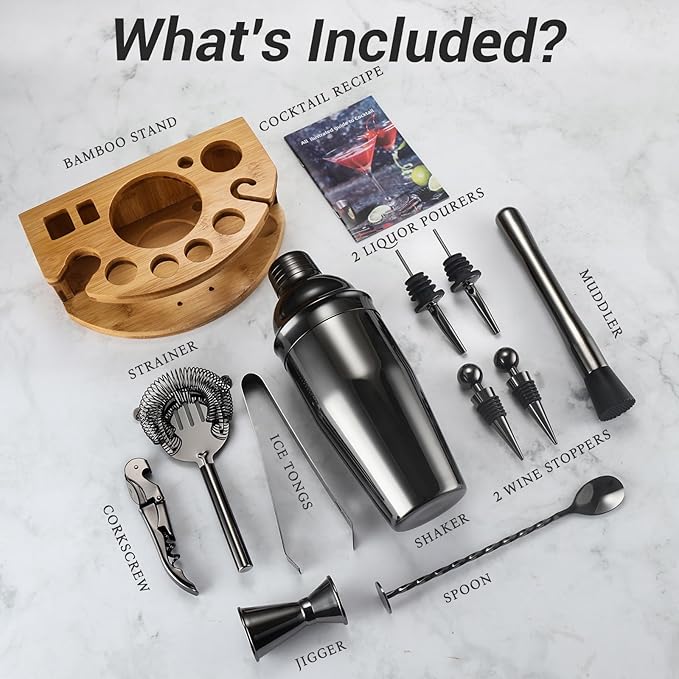 Cocktail Shaker Set Bartender Kit with Stand, 12 Piece Bar Set Drink Mixer Set with Stainless Steel Bar Accessories Tools: 25oz Martini Shaker Jigger Strainer Spoon Muddler for Cocktails (Black)