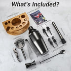 Cocktail Shaker Set Bartender Kit with Stand, 12 Piece Bar Set Drink Mixer Set with Stainless Steel Bar Accessories Tools: 25oz Martini Shaker Jigger Strainer Spoon Muddler for Cocktails (Black)