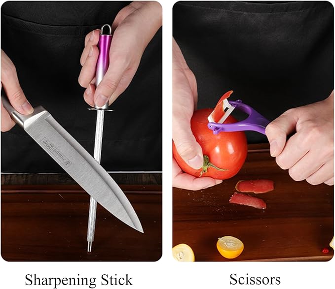 Purple Professional 9-Piece Kitchen Knife Set with Acrylic Block - Non Stick Sharp Stainless Steel Chef Knives with Sharpener,Gift for Home Kitchen Women