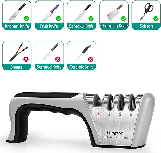 Longzon 5-in-1 Knife Sharpener 4 Stage with Cut-Resistant Glove, Quickly Sharpens & Restores Dull Blades, Easy & Safe for Home Kitchen Use, Fits Most Knives and Scissors, Black+Silver
