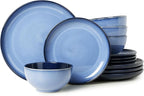 Pokini Stoneware Dinnerware Sets, Ceramic Plates and Bowls Set, Microwave & Dishwasher Safe Kitchen Dish Set, Modern Dinner Plates | Salad Plate | Cereal Bowls for 4, Dishware Sets Blue