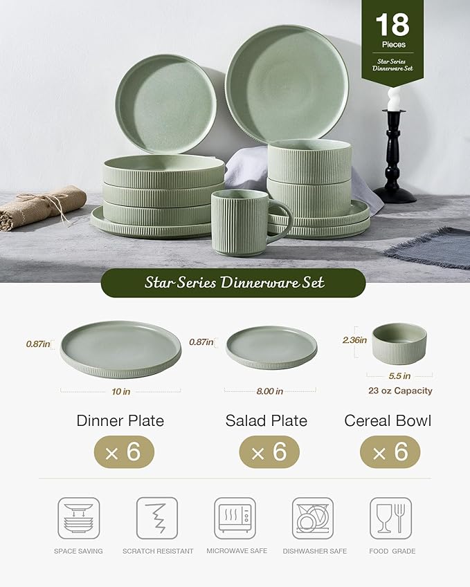 Famiware Star 18-Piece Reactive Glaze Plates and Bowls Sets, Service for 6 - Stoneware Dinnerware Set, Modern Rustic Ribbed Dishes, Chip/Scratch Resistant, Microwave/Dishwasher Safe, Matte Sage Green