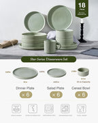 Famiware Star 18-Piece Reactive Glaze Plates and Bowls Sets, Service for 6 - Stoneware Dinnerware Set, Modern Rustic Ribbed Dishes, Chip/Scratch Resistant, Microwave/Dishwasher Safe, Matte Sage Green