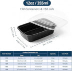 Tiya Meal Prep Containers with Lids - 150 Pack 12 oz BPA-Free Plastic Food Storage Containers Leak-Proof, Microwave, Dishwasher & Freezer Safe Reusable To-Go Boxes for Portion Control & Catering