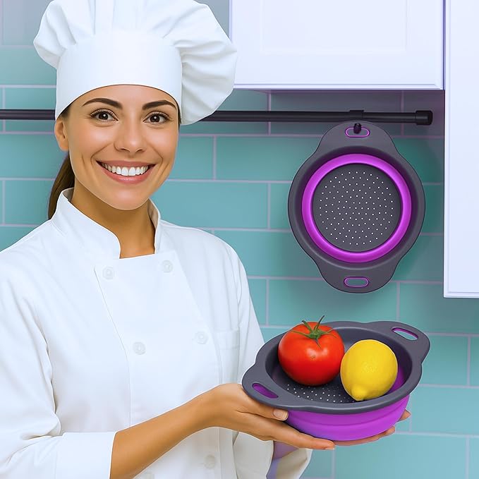 Black and Purple Food Strainer for Kitchen - Small Silicone Colander with Handle for Camping Multifunctional Strainer for Spaghetti and Pasta