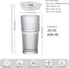 INSETLAN 8-Piece Glassware Set – 20 oz Ribbed Glass Tumblers with Lids and Glass Straws, Heavy-Duty Tumblers, Ideal for Iced Coffee, Smoothies, Cocktails, and Juices – Elegant and Durable Drinkware