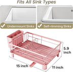 SNTD Dish Drying Rack - Small Dish Rack for Kitchen Counter, Stainless Steel Dish Drainer with Utensil Holder and Drainboard, 11" W x 15" L (Pink)