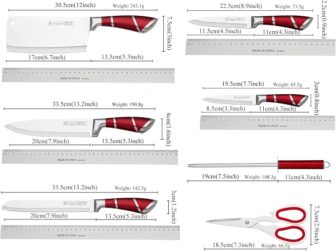 Kitchen Knife Set, 9-Piece Red Kitchen Knife Set with Acrylic Block, Non Stick Sharp High Carbon Stainless Steel Knife Set for Kitchen Cutting Meat Slicing Chopping Kitchen Women Gifts