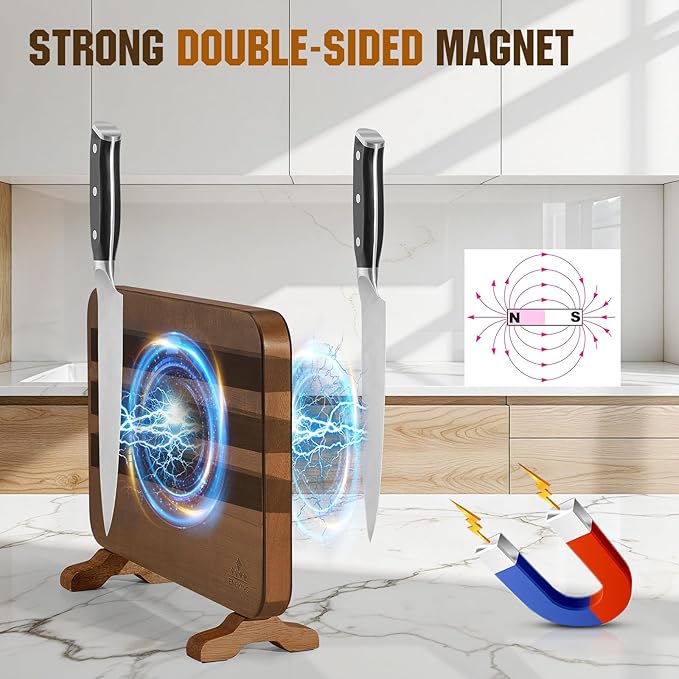 Enoking Magnetic Double-Sided Knife Block with Rotatable Stable Base, Acacia Wood Knife Holder for Countertop, Strong Magnets Safe Knife Organizer Stand, Easy to Clean Knife Storage for Home Kitchen