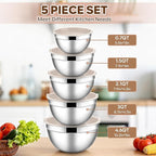 E-far Mixing Bowls With Lids Sets of 5, 10-Piece Stainless Steel Salad Metal Nesting Bowl for Baking Cooking and Prepping, Airtight Lid & Stackable Design, Size 4.6, 3, 2.1, 1.5, 0.7 QT, Khaki
