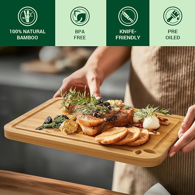 Bamboo Cutting Boards for Kitchen with Holder & Silicone Mat, Lightweight & Knife-Friendly Wood Cutting Board Set with Side Handles and Juice Grooves, Natural