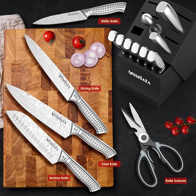MOSFiATA Japanese Stainless Steel Knife Set, 17 Pcs with Block, Knife Sharpening Rod, Dishwasher Safe, Dad Birthday Gift