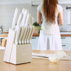 hecef 15 Pieces Kitchen Knife Set with Built-in Sharpening Wooden Block, Dishwasher Safe, High Carbon Stainless Steel Knife Block Set with Steak Knives, Kitchen Scissors, Cream White