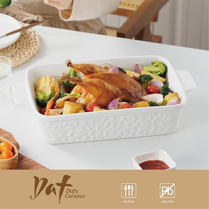 Dafuceramic Casserole Dish for Oven, 4.2 QT Baking Dish, 9x13 Large Porcelain Baking Pan, Durable Rectangular Lasagna Pan Deep with Handles, Microwave Oven Safe