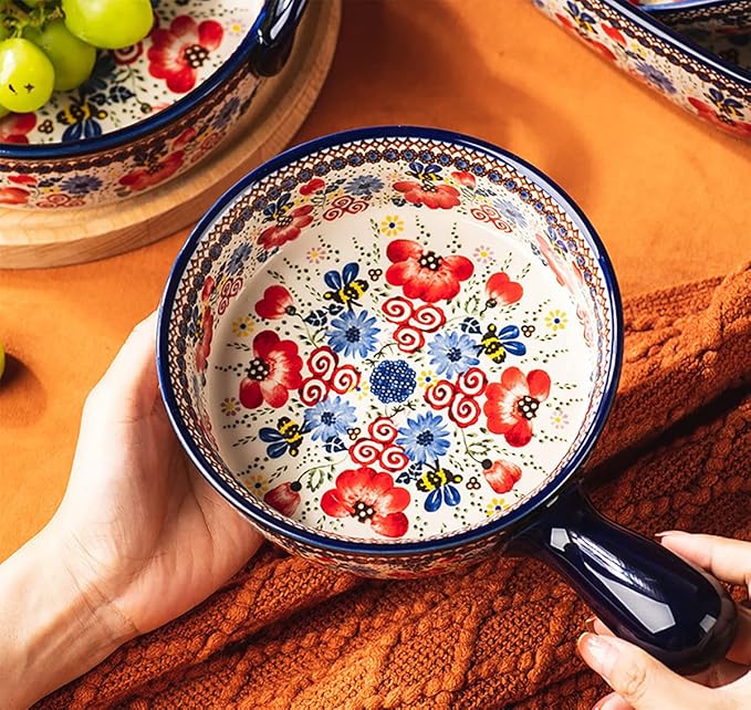 Vintage Flowers Style Ceramic Bakeware Casserole Dish Baking Pan Lasagna Pans Baking Dish with Handles for Oven/Cooking/Kitchen-1 PCS-Red Flowers-20 OZ