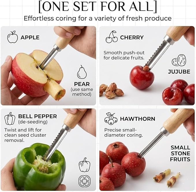 Cabilock 2-Piece Stainless Steel Fruit Corer Tool Set - Heavy Duty Kitchen Core Remover with Serrated & Smooth Blades - Multi-Use Pitter for Bell Pepper, Pear, Cherry, Jujube & Red Dates