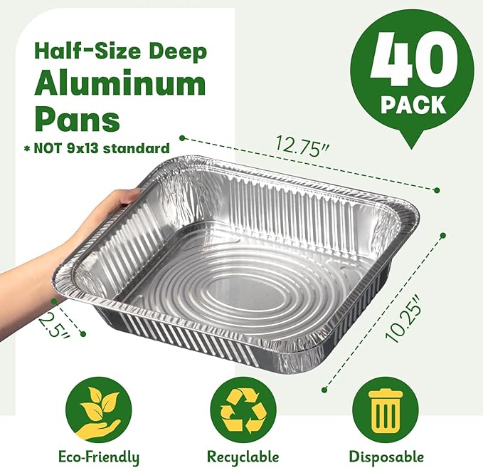 9x13 Aluminum Pans [40 Pack], Extra Heavy Duty Half Size Disposable Aluminum Foil Pans, Deep Baking Pans for Cooking, Roasting, Heating, and Steam Tables
