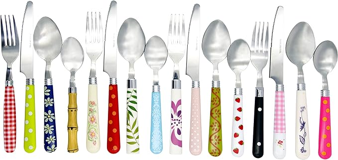 The Original Brink House Eclectic Collection Mix & Match Stainless Steel Cutlery Set with Multicolored Handles / 16 pieces with Metal Stand/Lifestyle utensils for home, apartment, dorm, outdoor