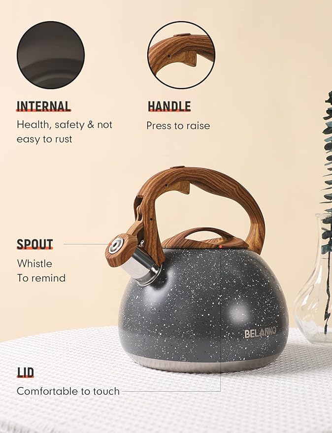 BELANKO 2.7 Quart Tea Kettle for Stovetops - Food Grade Stainless Steel Teapot with Loud Whistle, Cool-Touch Wood Pattern Handle, Rust-Resistant Whistling Kettle - Starry Gray