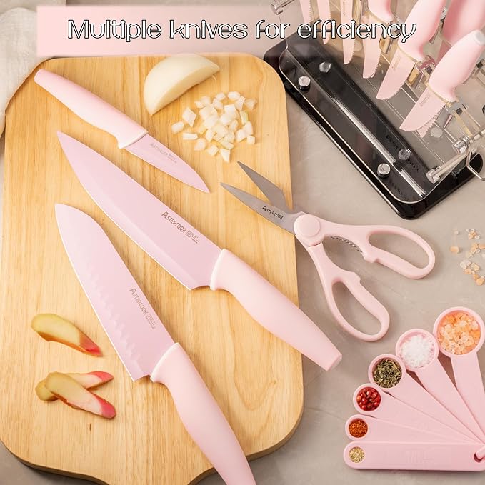 Astercook Knife Set with Block and Sharpener, 22 Piece Kitchen Knife Set Dishwasher Safe, Space-Saving Clear Knife Block with Knives for Everyday Home Cooking Pink