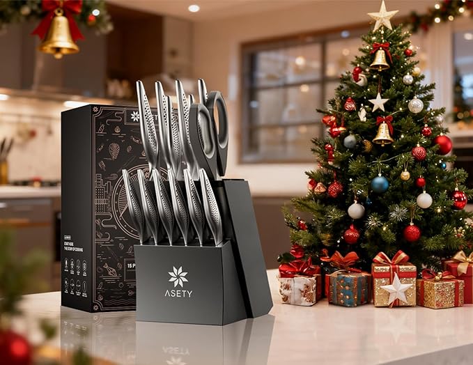 ASETY Knife Set - Ultra Sharp Knives Set for Kitchen with block, 15 PCS Stainless Steel Knife Set with Built-in Sharpener, Ergonomic Non-Slip Handle, Elegant Box for Men Women