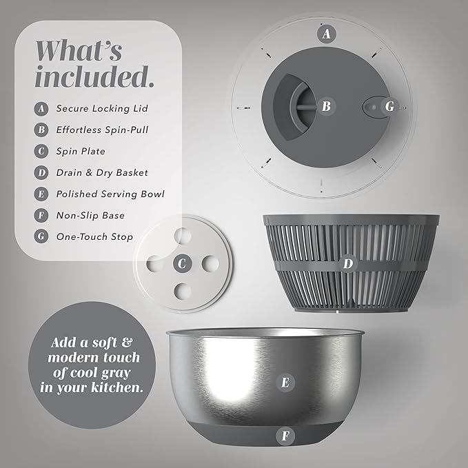 COOK WITH COLOR Stainless Steel Salad Spinner - 5 Qt. Lettuce Washer And Vegetable Spinner Dryer for Easy Salad Prep - Non Slip Base with Pull Handle - Auto Stop Brake System, Stain and Odor Resistant