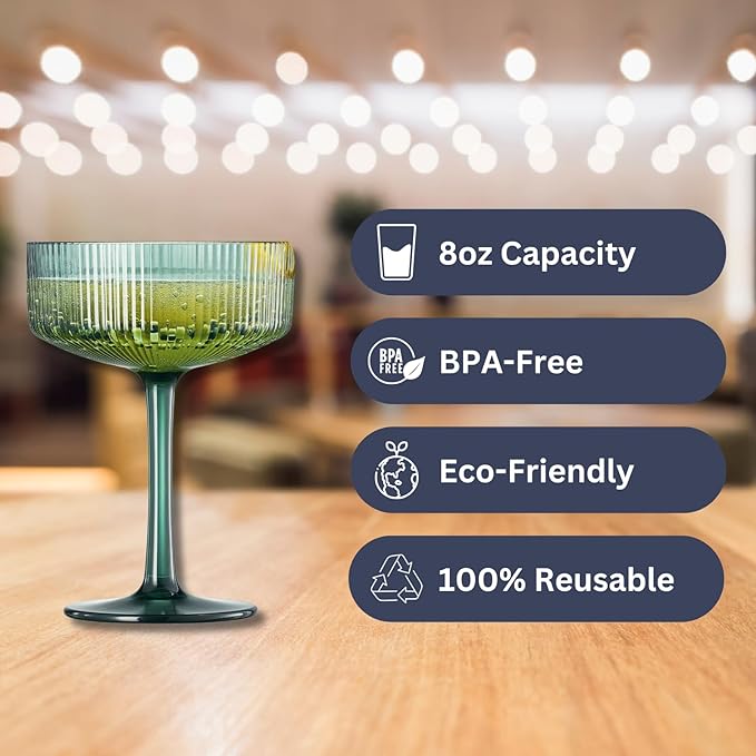Khen Shatterproof Acrylic Ribbed Vintage Art Deco Martini, Champagne & Cocktail Muted Color Plastic Coupe Glasses | Set of 4 | 8 oz Ripple Glassware Classic Cocktail Indoor & Outdoor, European