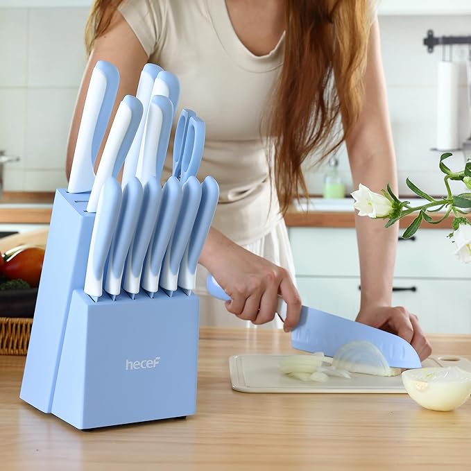 hecef 15 Pieces Kitchen Knife Set with Built-in Sharpening Wooden Block, Dishwasher Safe, High Carbon Stainless Steel Knife Block Set with Steak Knives, Kitchen Scissors, Blue