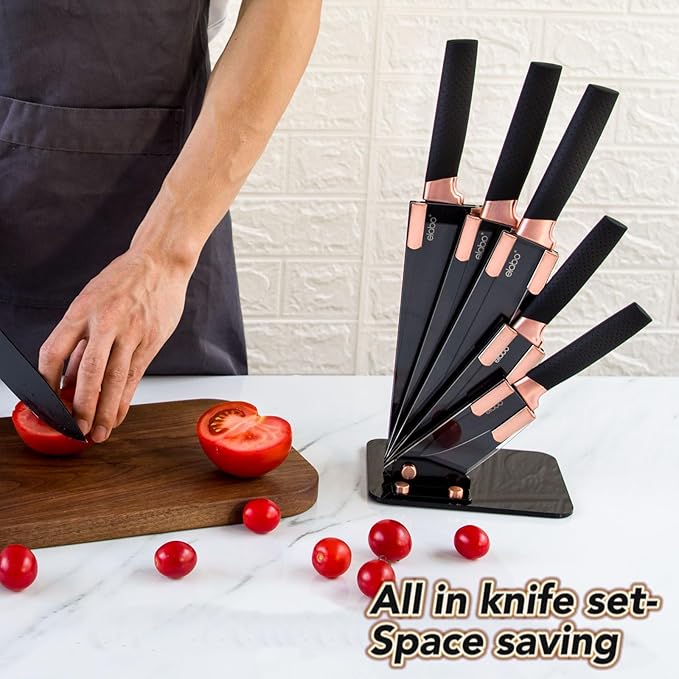 elabo 6 Piece Kitchen Knife Set – Premium Stainless Steel Knife Set with Block, Knives Set for Kitchen, Sharp Knife Block Set with Non-Stick Coating, Dishwasher Safe, Space-saving, Rose Gold