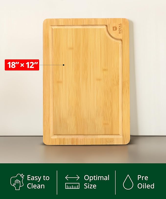 ROYAL CRAFT WOOD Wooden Cutting Boards for Kitchen Meal Prep & Serving - Bamboo Wood Serving Board Set with Deep Juice Groove Side Handles - Charcuterie & Chopping Butcher Block for Meat
