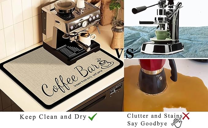 Coffee Mat for Countertops ,Coffee Bar Accessories Fit Under Coffee Maker Espresso Machine, Absorbent Hide Stain Rubber Mat for Countertop ,Dish Drying Mat for Kitchen Counter (D-Beige, 12"x19")