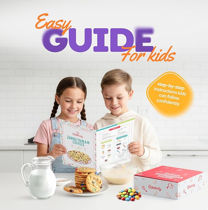 BAKETIVITY Kids Baking DIY Activity Kit - Bake Delicious Yum&m Jumbo Cookies- Real Fun Little Junior Chef Essential Kitchen Lessons, Includes Pre-Measured Ingredients and Easy to Follow Recipe.