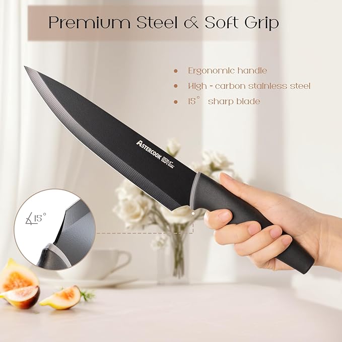 Astercook Knife Set with Block and Sharpener, 22 Piece Kitchen Knife Set Dishwasher Safe, Space-Saving Clear Knife Block with Knives for Everyday Home Cooking Black