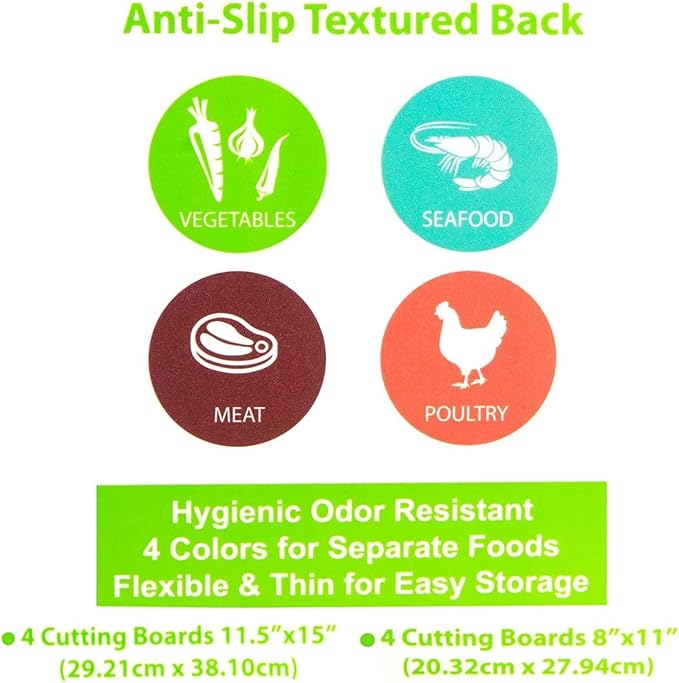 Simply Genius Plastic Cutting Boards - Flexible Color Coded Cutting Board Set - Textured Grip Odor-Resistant Dishwasher-Safe Chopping Mat - Pack of 4-8 in x 11 in - Multicolor