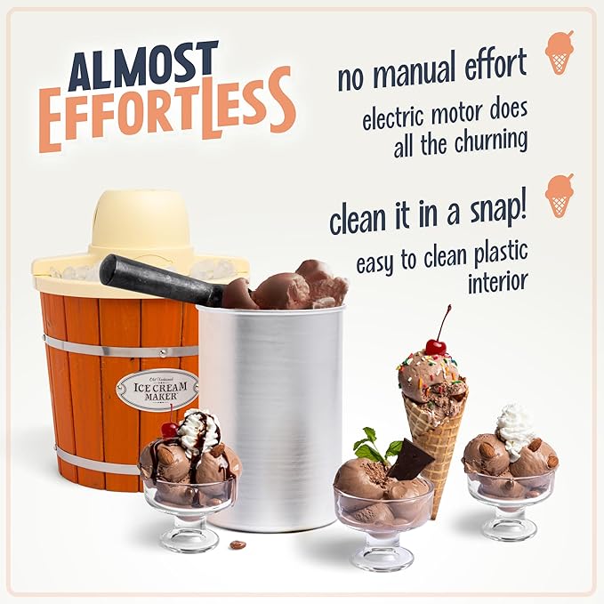 Nostalgia Electric Ice Cream Maker With 4 Qt Capacity- Old Fashioned Ice Cream Machine Makes Frozen Yogurt or Gelato in Minutes- Vintage Wooden Style Ice Cream Maker with Aluminum Canister- Light Wood
