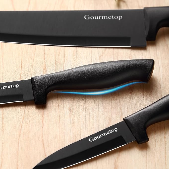 Gourmetop Kitchen Knife Set with No Drilling Magnetic Strip for Kitchen Black Titanium Small Cooking Knives, Sharp Stainless Steel Chef Knife Set for Cutting Meat & Vegetable