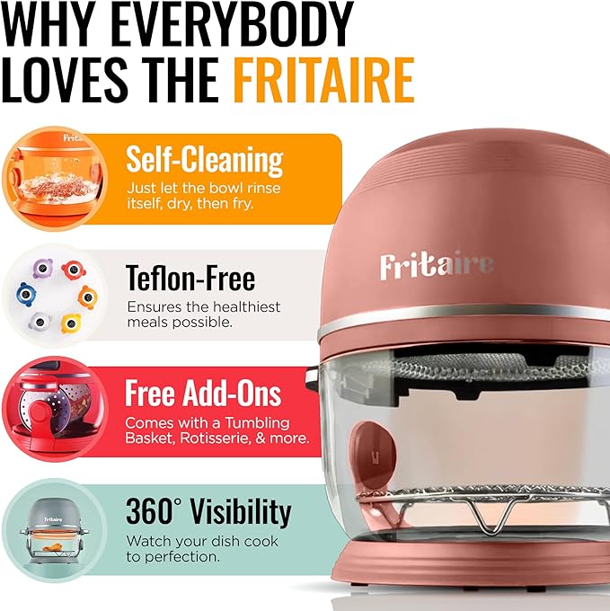 Non Toxic Air Fryer™ Pro | 9-in-1 Glass Air Fryer | Self-Cleaning | 5 Quart | Rotisserie and Tumbler | 400F Vortex For Even Cooking, BPA-Free Teflon Free, Recrisp, Roast, Bake, Mauve Rose