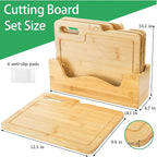 ZENFUN 4 Pack 12.5"L x 9.8"W Bamboo Cutting Boards with Holder, Wood Cutting Board Set, Chopping Boards Set with Food Icons, Kitchen Cutting Board Ideal for Meat, Fish, Bread, Vegetable, Fruit