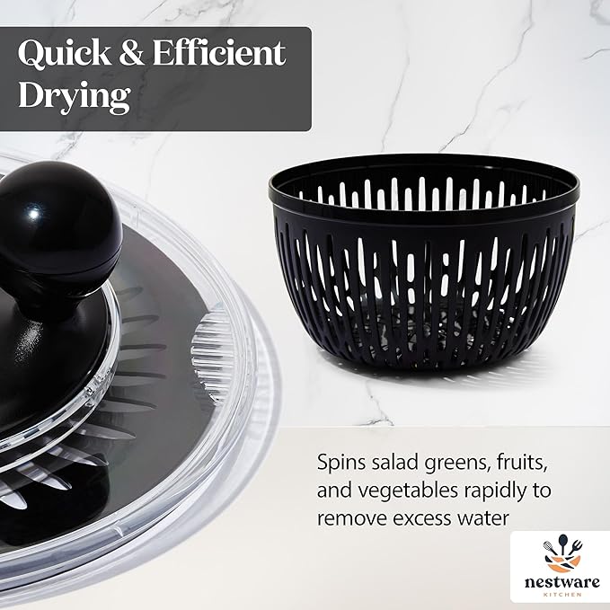 Stainless Steel Salad Spinner, Lettuce, Vegetable & Fruit Dryer, 5L Capacity, Non-Slip Base (304 Stainless Steel - Black)