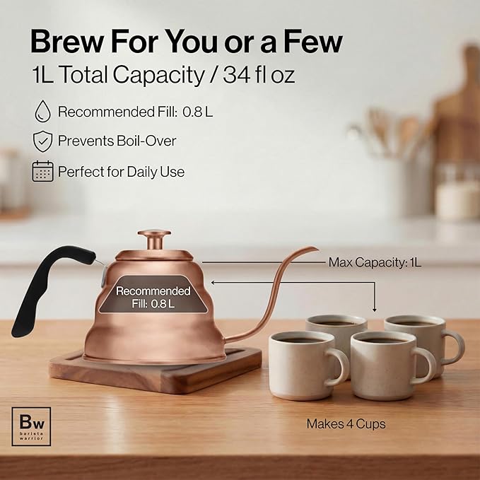 Barista Warrior Gooseneck Kettle with Built-In Thermometer for Pour Over Coffee & Tea - 1L Stainless Steel Kettle Stovetop Safe with Precision Spout - Copper Coated Stainless Steel